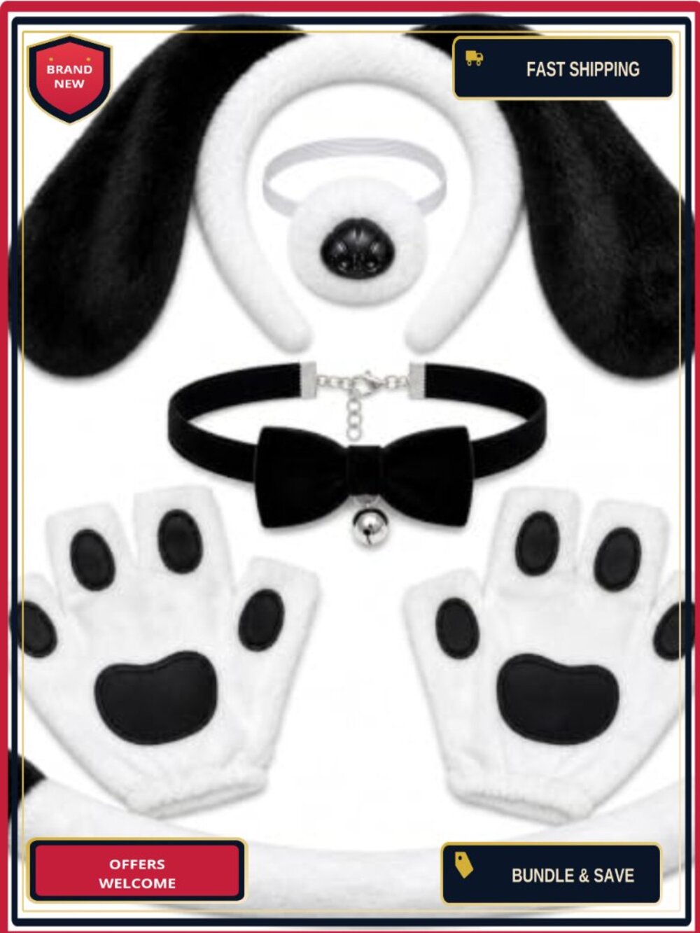 6PCS Puppy Dog Costume Set Plush Ears Headband Paw Gloves Nose Tail Bow Tie